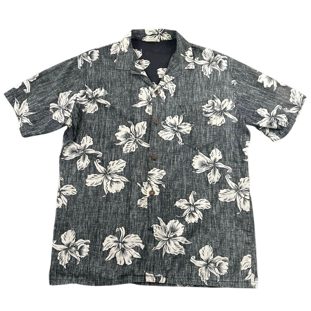 Vintage Black White Hawaiian Floral Camp Shirt Rayon USA Made Men’s L-XL